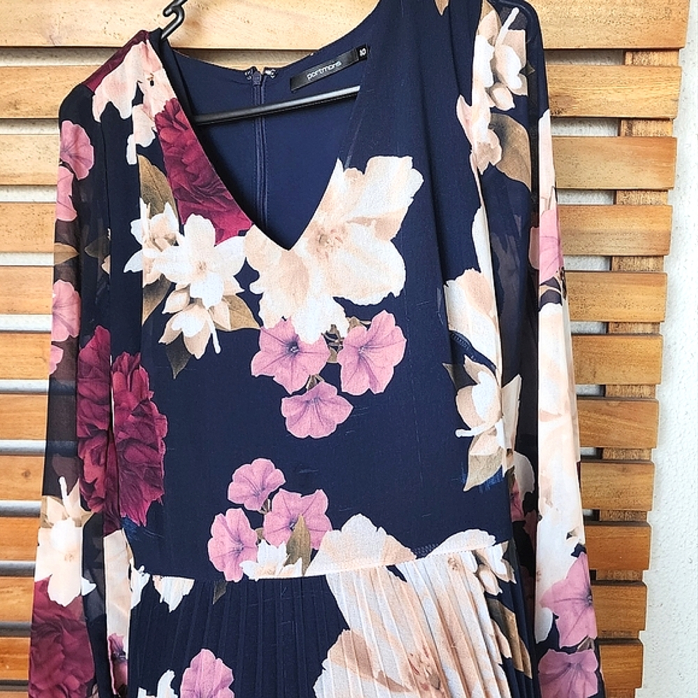 Portmans dress long sleeve size 12 floral pleated - Picture 2 of 11